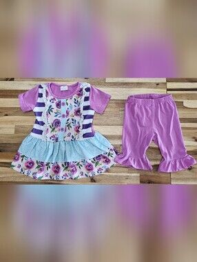 Girls Purple Floral Ruffle Tunic & Pants Set